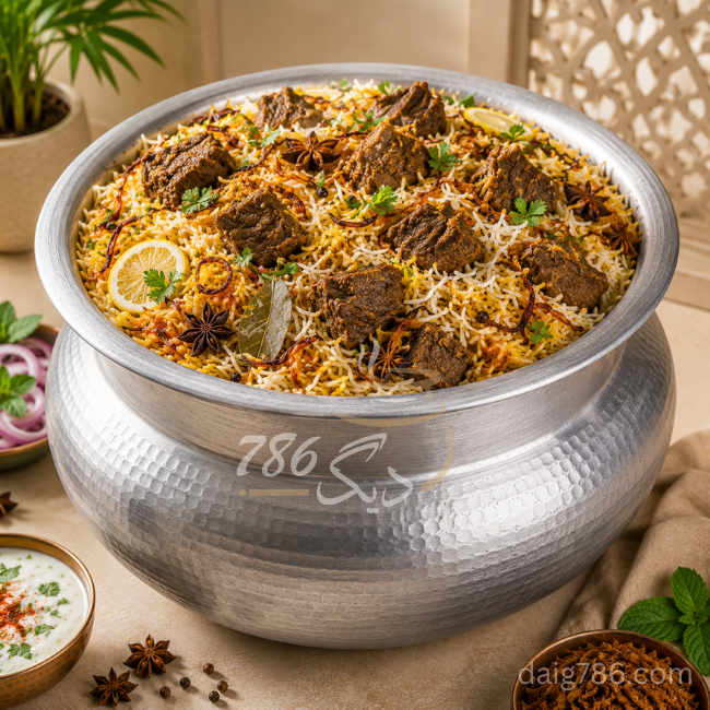 Traditional Beef Biryani daig with tender beef and fragrant basmati rice