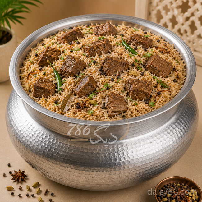 Traditional Beef Pulao daig with fragrant yakhni rice and tender beef