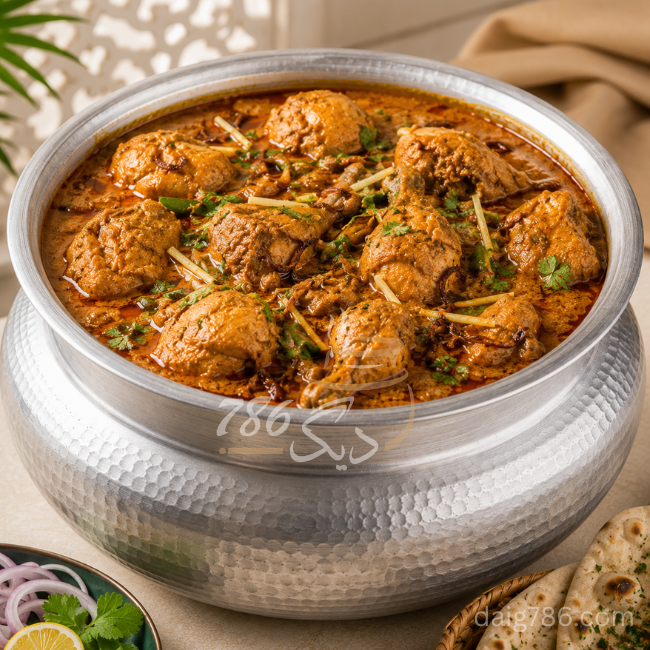 Traditional Chicken Qorma daig with rich gravy and tender chicken pieces