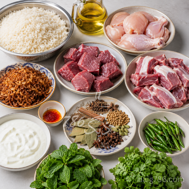 Fresh ingredients used for dishes in the Daig Price in Islamabad guide including rice, meat and spices