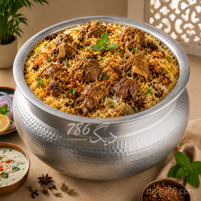 Traditional Mutton Biryani daig with tender mutton and aromatic basmati rice