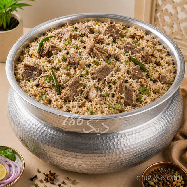 Traditional Mutton Pulao daig with fragrant yakhni rice and soft mutton pieces
