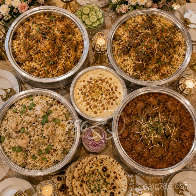 Pakistani wedding catering menu spread with biryani, qorma, and dessert daigs