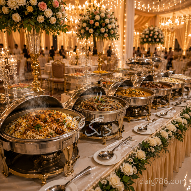 Pakistani wedding buffet setup with premium daig catering dishes on display