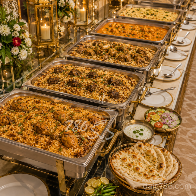 Wedding catering buffet included in the Daig Price in Islamabad guide with biryani, pulao and qorma