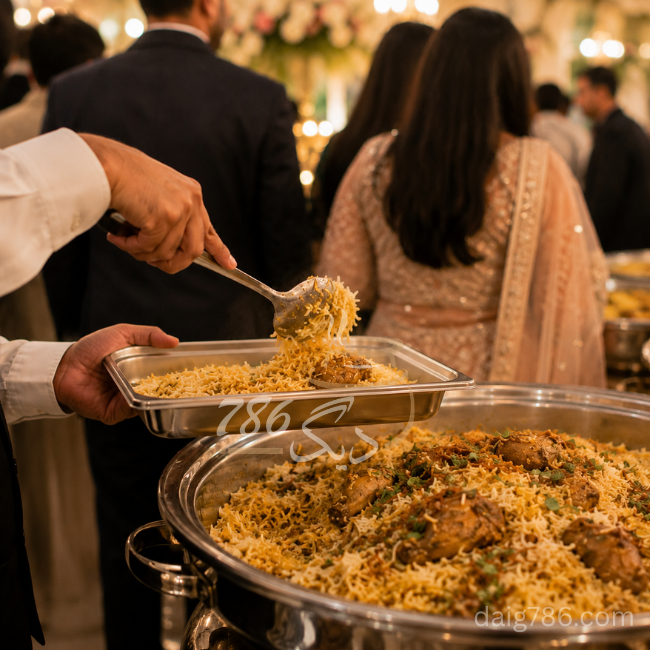 Wedding guests being served daig catering food at a reception in Islamabad