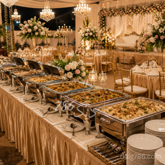 Elegant wedding reception catering setup with daig dishes in Islamabad Image