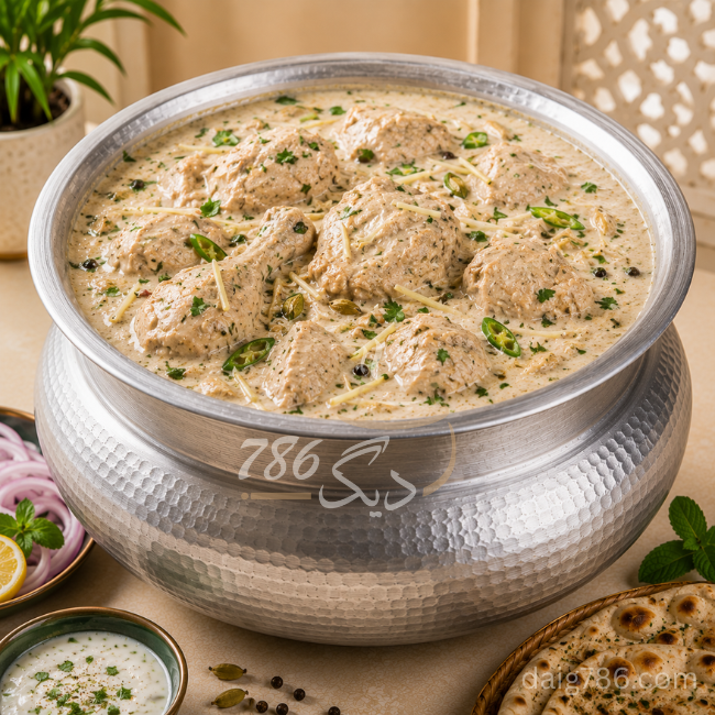 Traditional White Chicken Qorma daig with creamy rich gravy